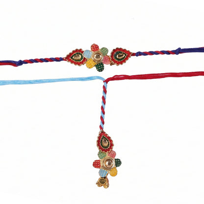 Multicolor thread Bhabhi Rakhi with floral latkan close-up detail
