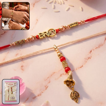 Stone Chain Bhabhi Rakhi with Golden Peacock Latkan close-up