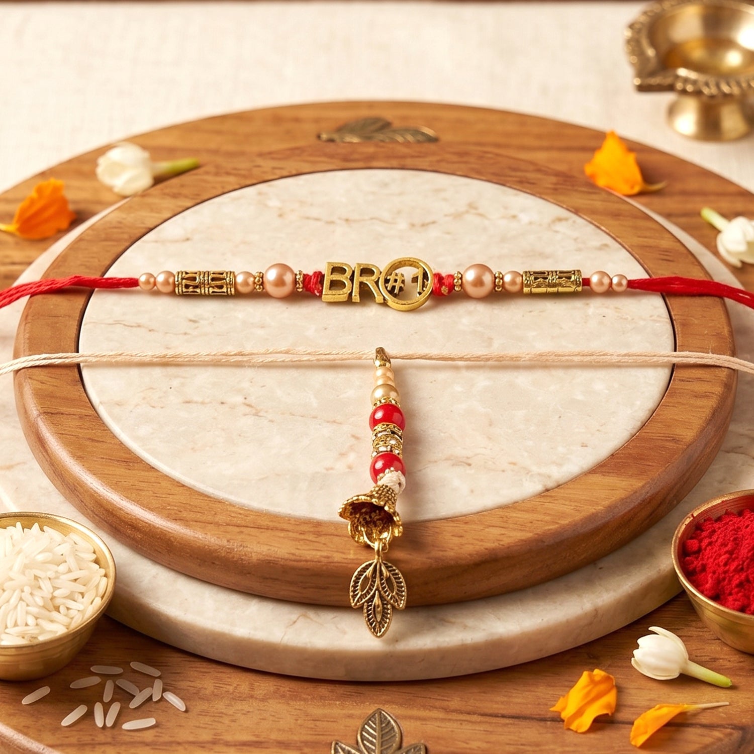 Golden Peacock Latkan detail on Bhabhi Rakhi