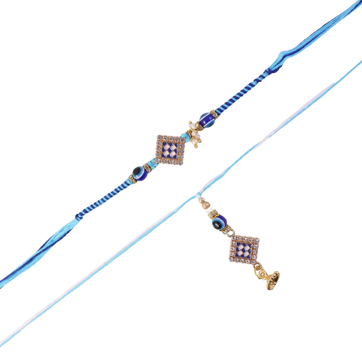 Pearl Bhabhi Rakhi twin charm laid out on surface