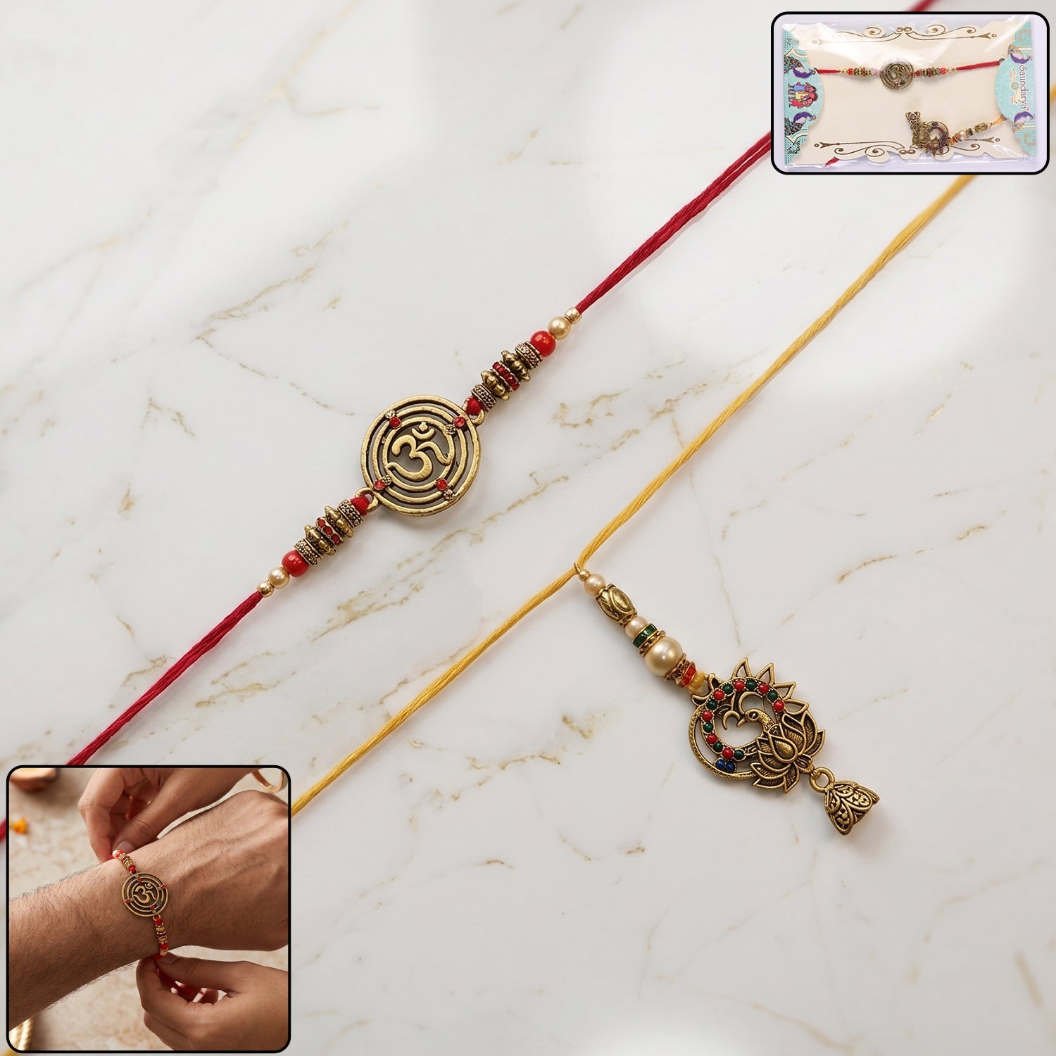 Spiral Charm Bhabhi Rakhi with Antique Drop - closeup