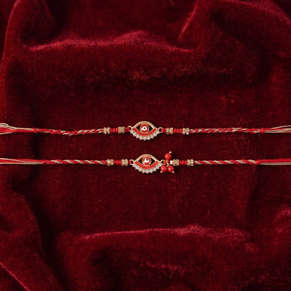 Close-up of red stone and latkan detail on Bhabhi Rakhi
