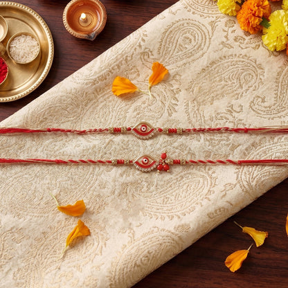 Top view of Red Stone Bhabhi Rakhi and matching latkan details