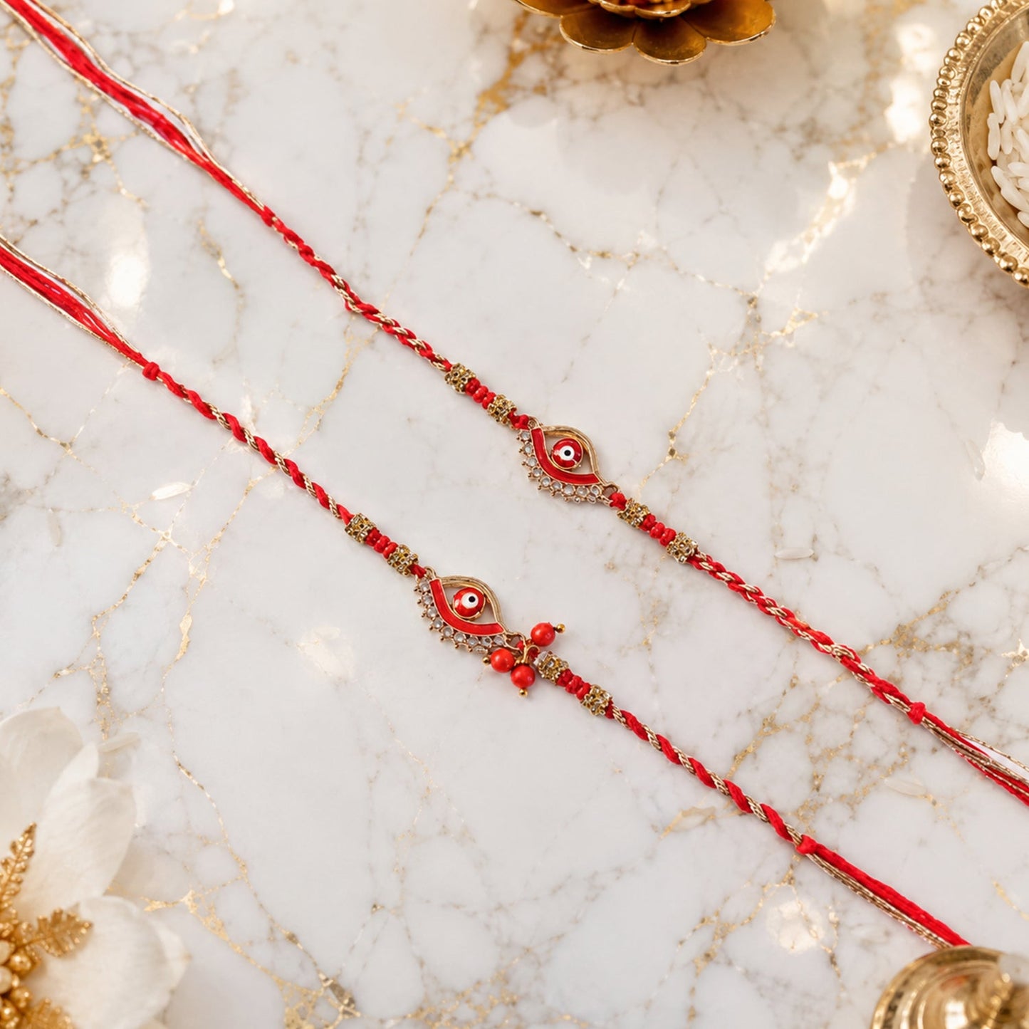 Red Stone Bhabhi Rakhi with Matching Latkan on white background