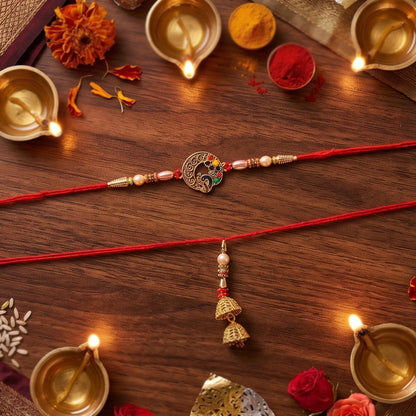 Detailed view of Peacock Motif Bhabhi Rakhi pearl beads