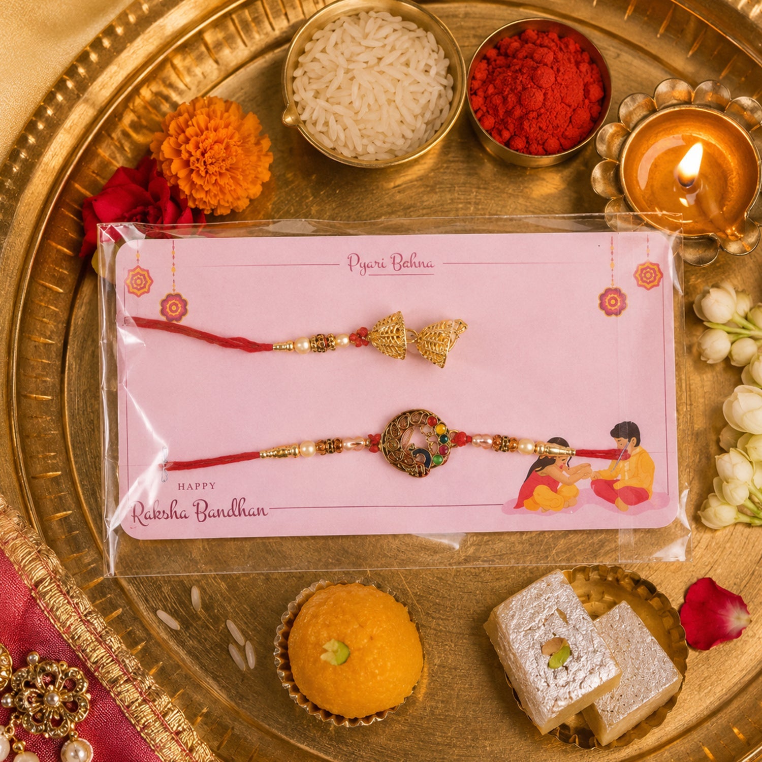 Handcrafted Peacock Motif Bhabhi Rakhi with pearls