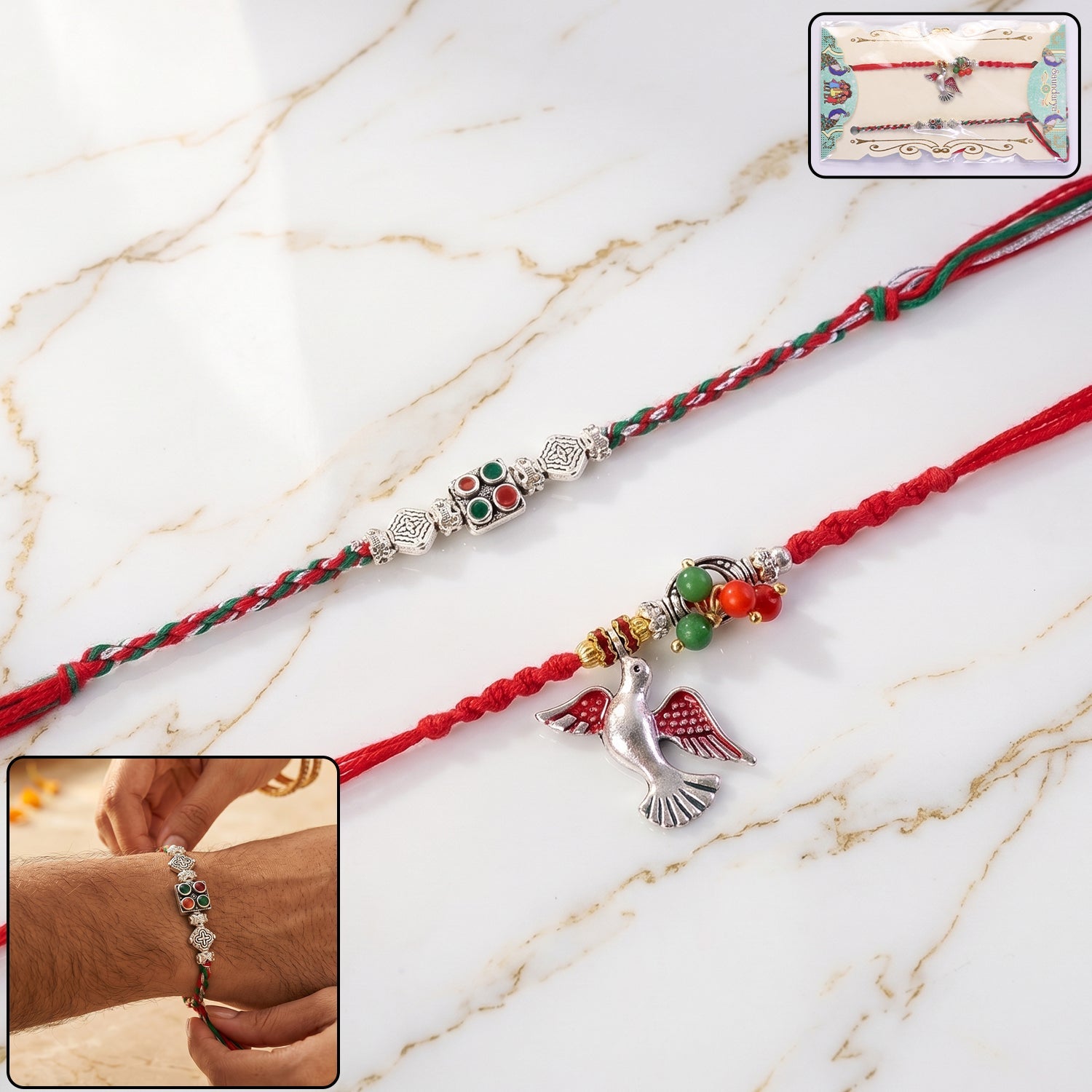 Top view of Floral Bhabhi Rakhi with red thread