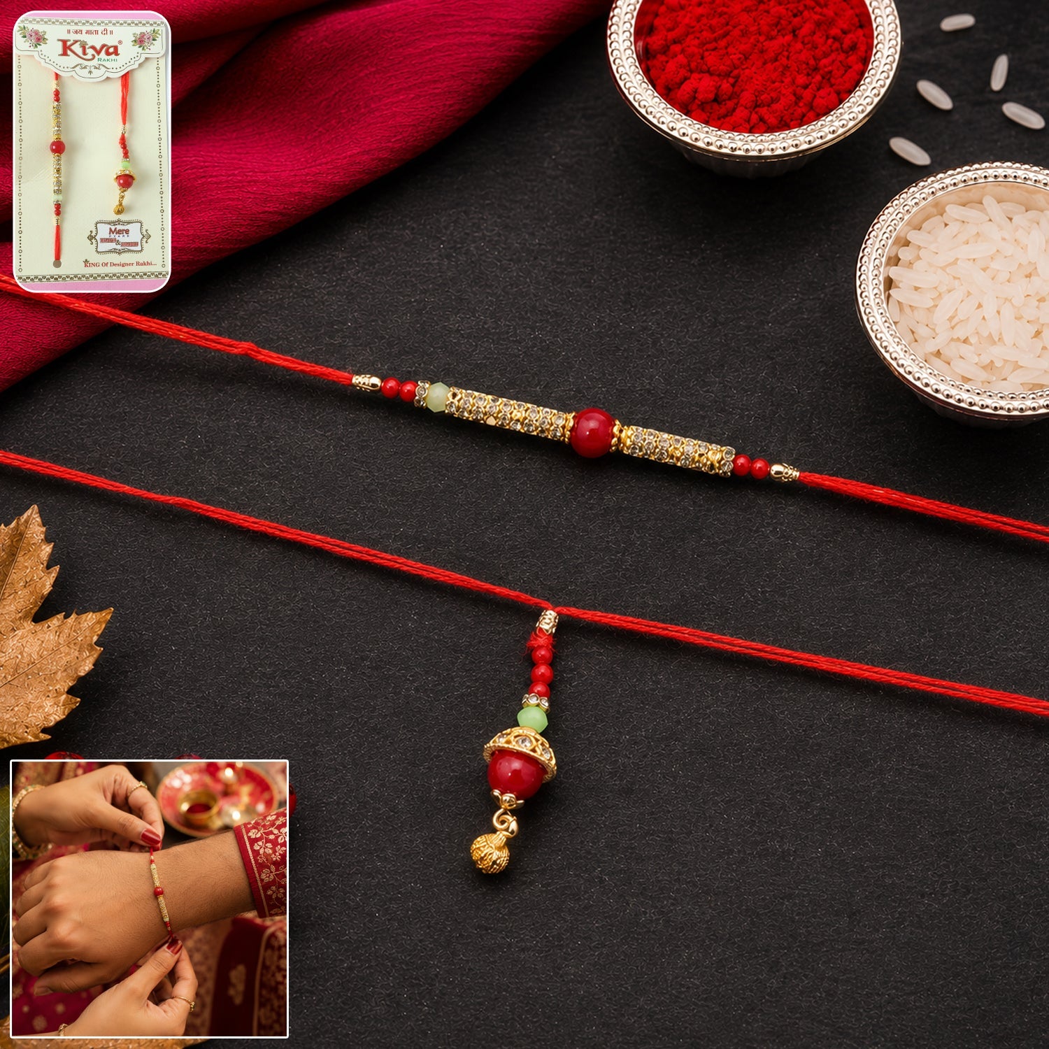 Top view of Red Pearl Bhabhi Rakhi showing details