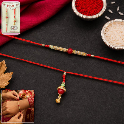 Top view of Red Pearl Bhabhi Rakhi showing details