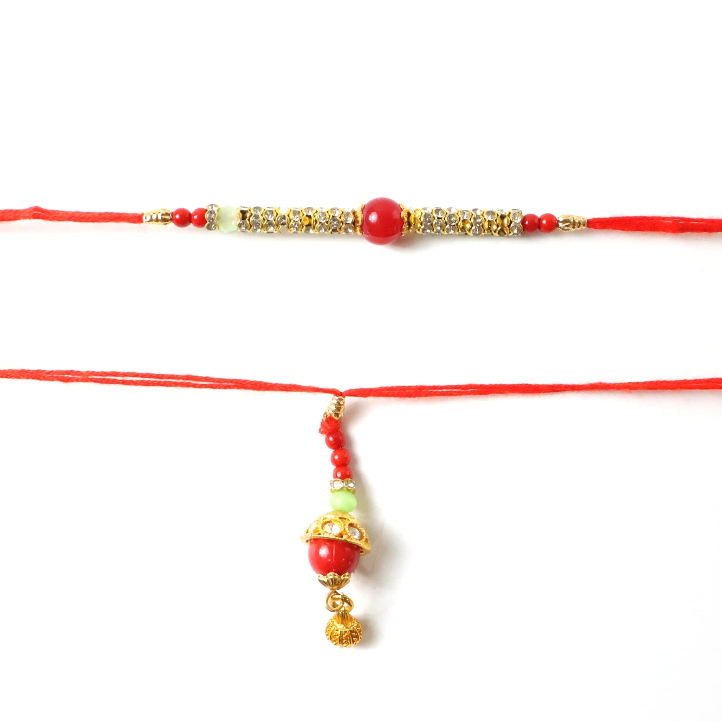 Golden Charm detail on Red Pearl Bhabhi Rakhi