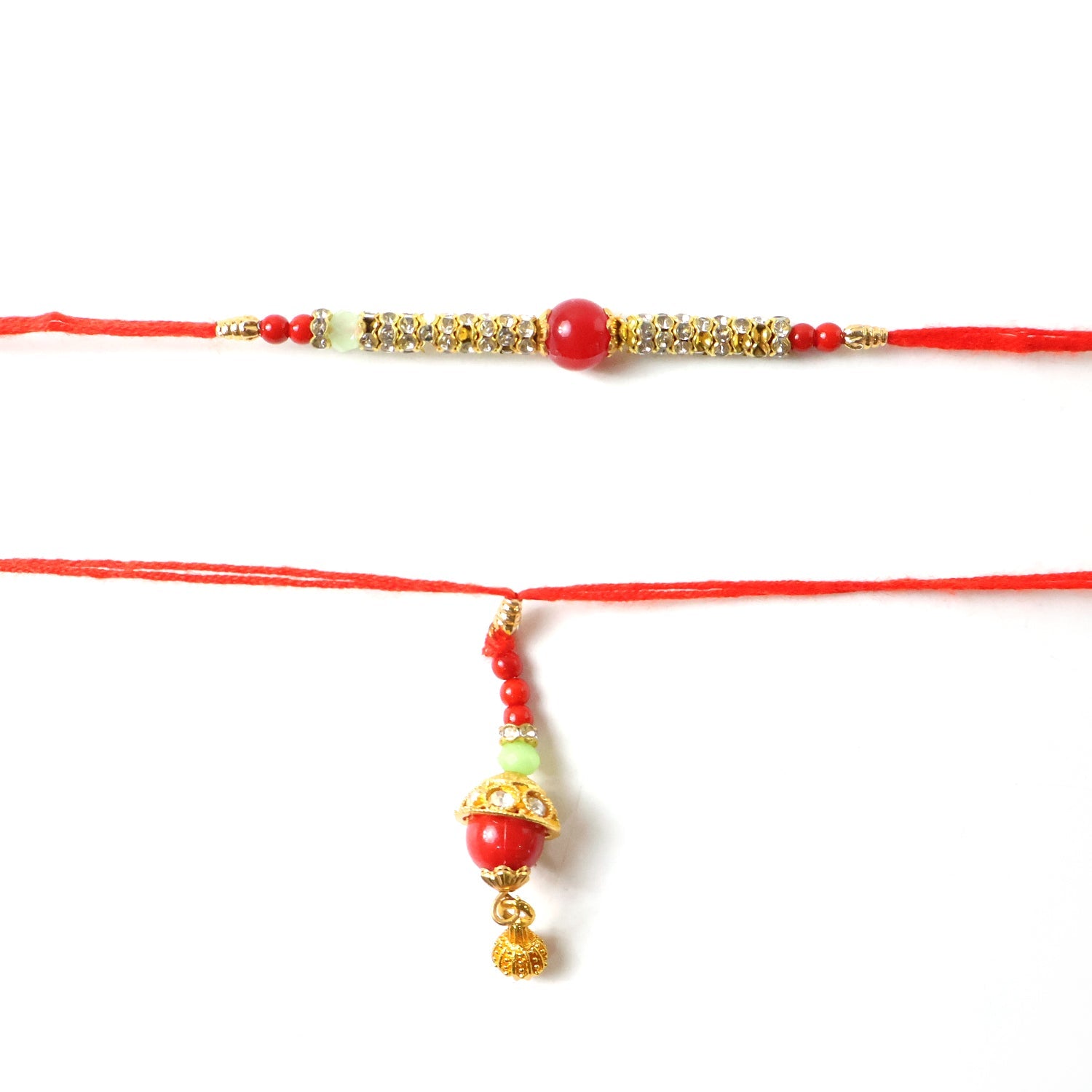 Golden Charm detail on Red Pearl Bhabhi Rakhi
