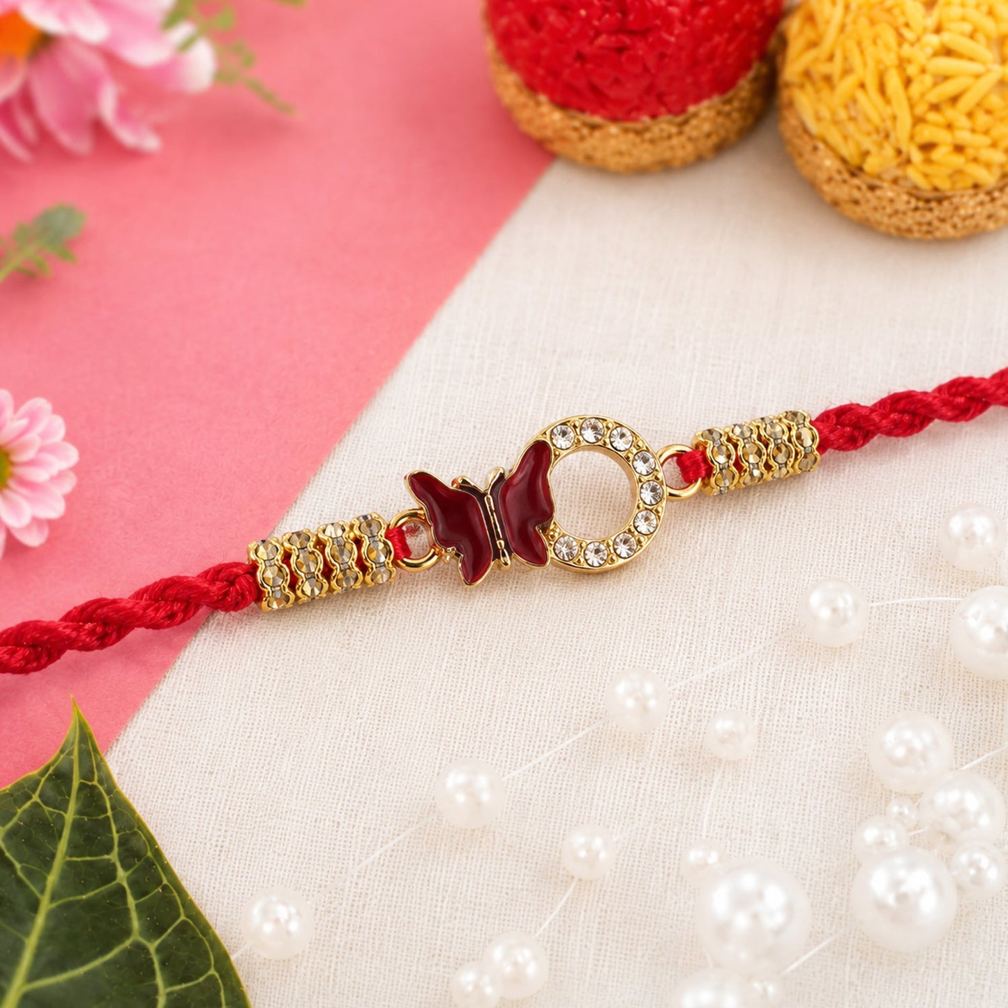 Handcrafted Mirror Stone Bhabhi Rakhi with red thread