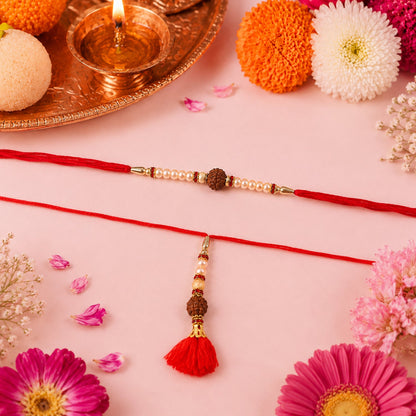 Brown Bead Bhabhi Rakhi with red tassel on white background