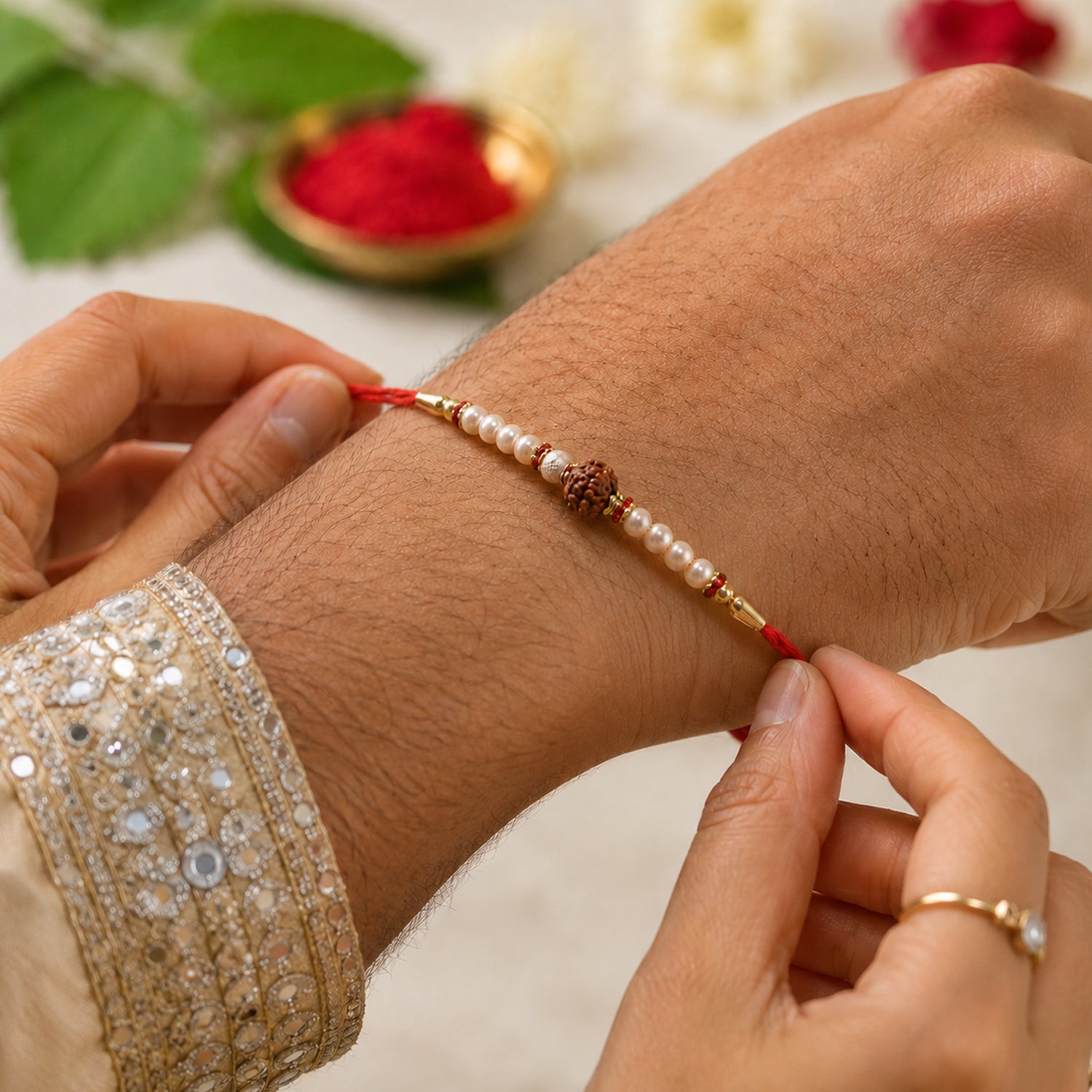 Handcrafted Brown Bead Bhabhi Rakhi with red tassel detail
