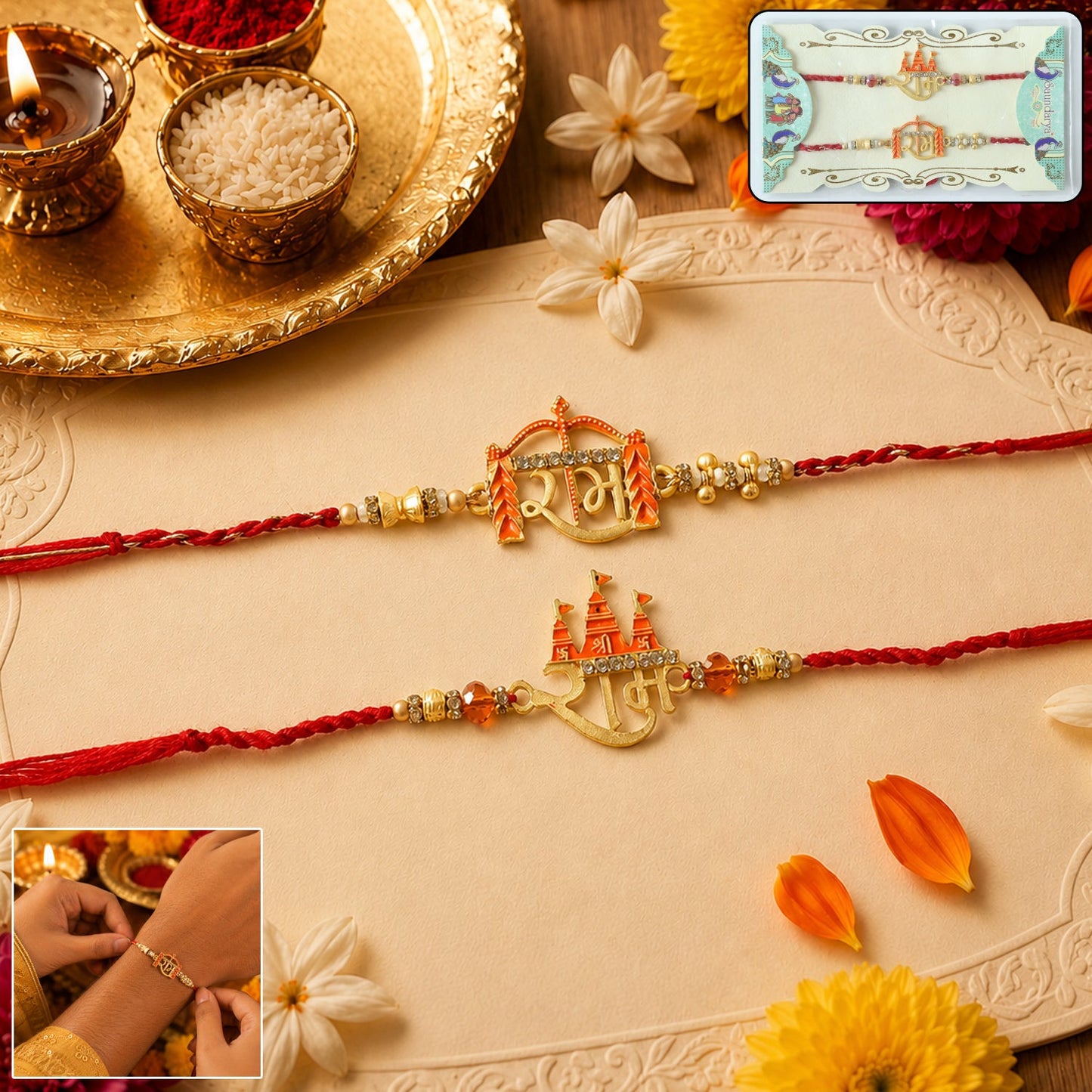 Side view of Shubh Labh Bhabhi Rakhi showing thread and decoration