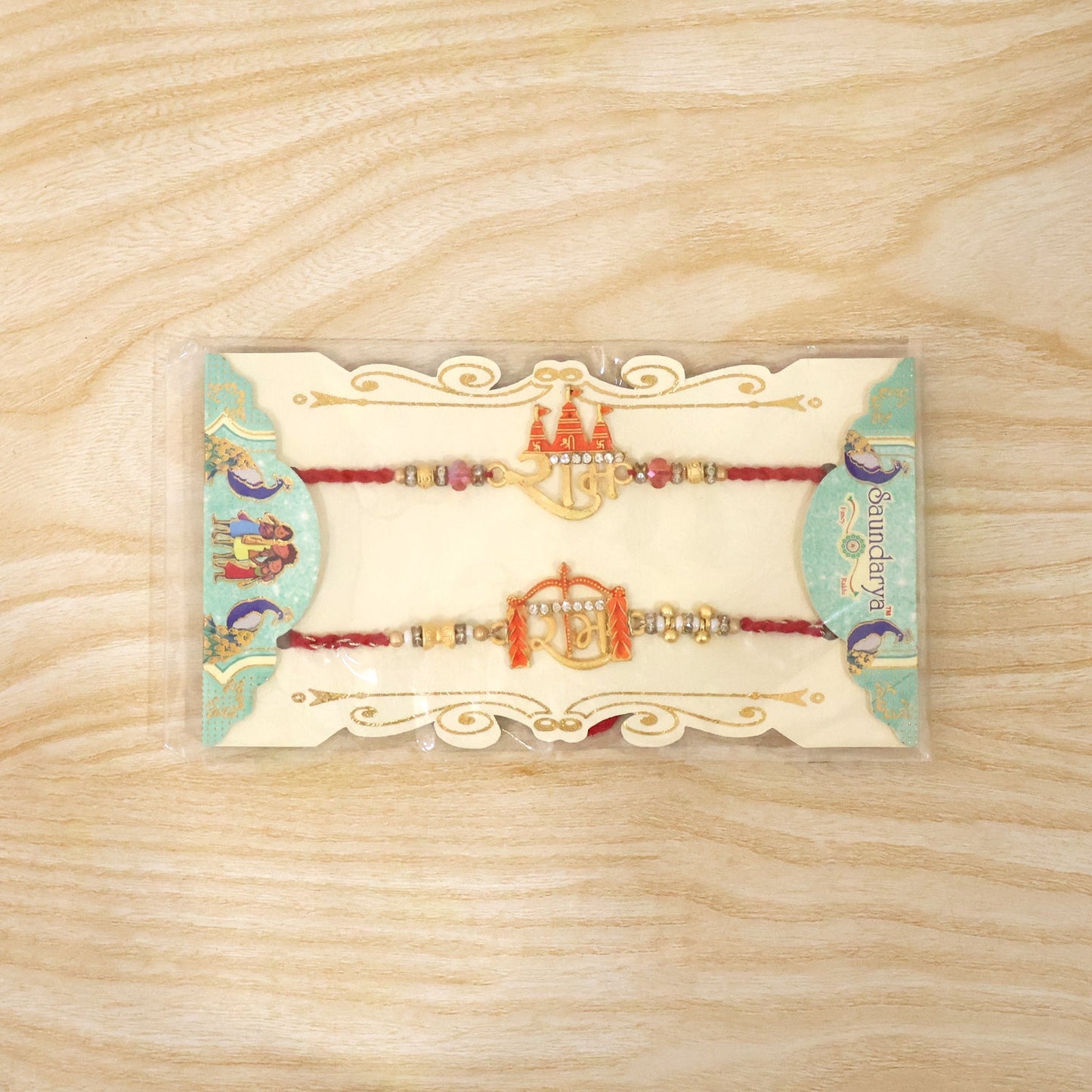 Top view of Shubh Labh Bhabhi Rakhi highlighting golden latkan