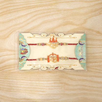 Top view of Shubh Labh Bhabhi Rakhi highlighting golden latkan