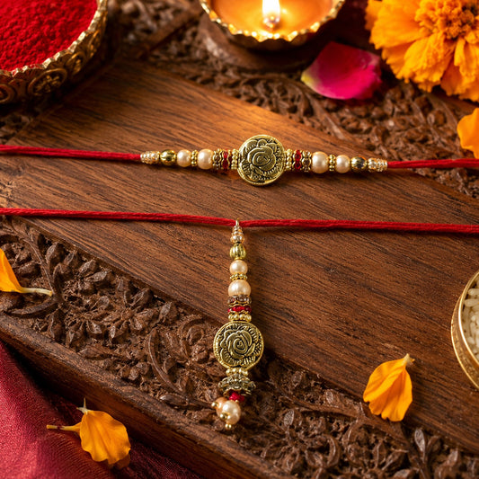 Antique Round Bhabhi Rakhi with Pearl Drop