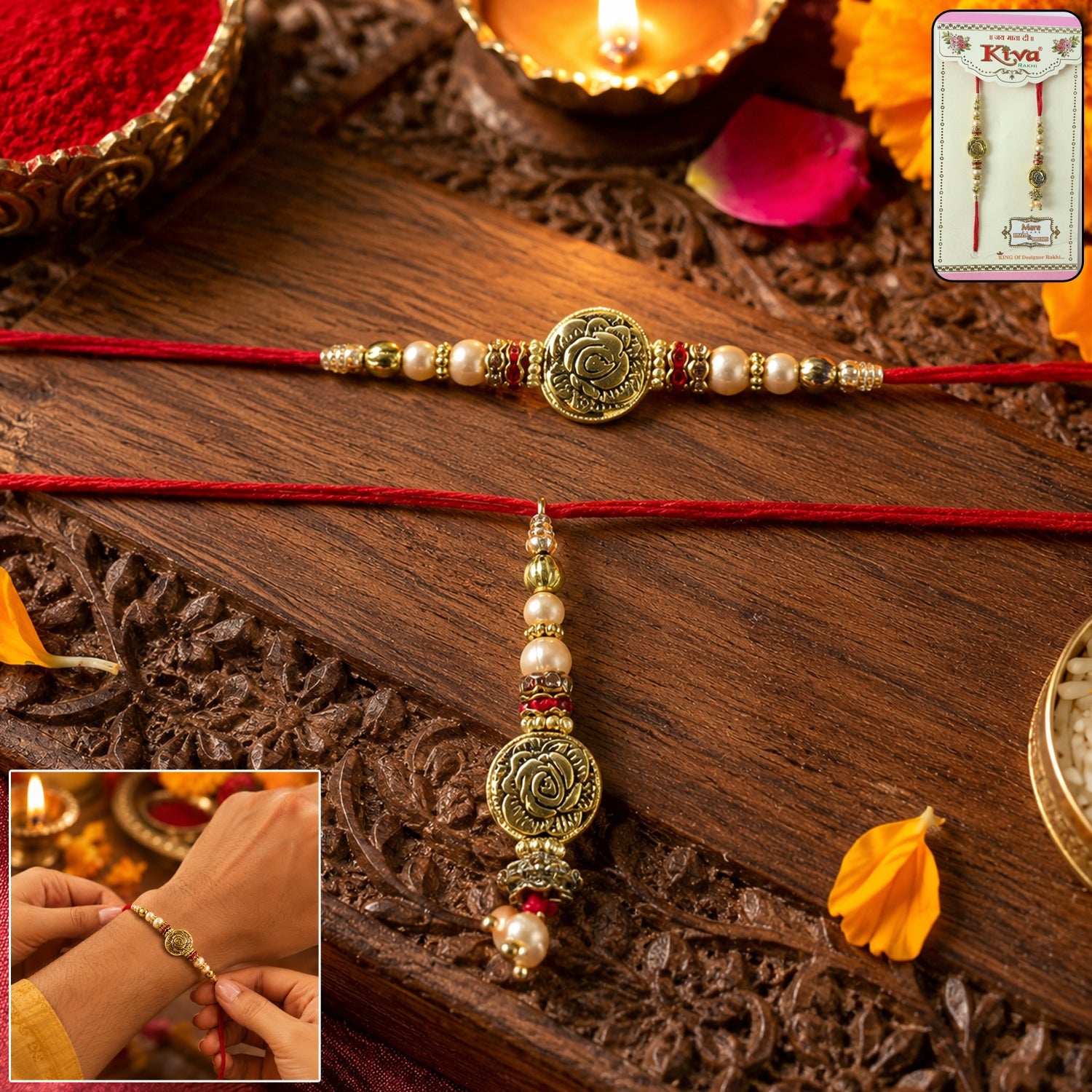 Antique Round Bhabhi Rakhi with pearl drop next to gift box