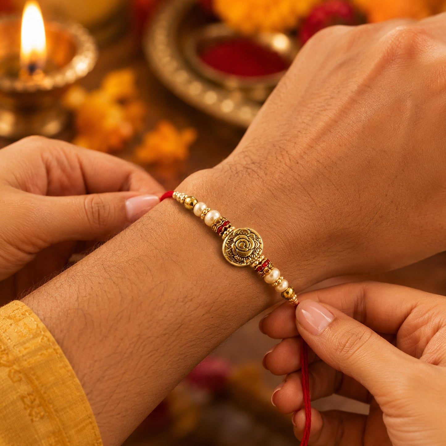 Traditional Antique Round Bhabhi Rakhi with pearl drop full view
