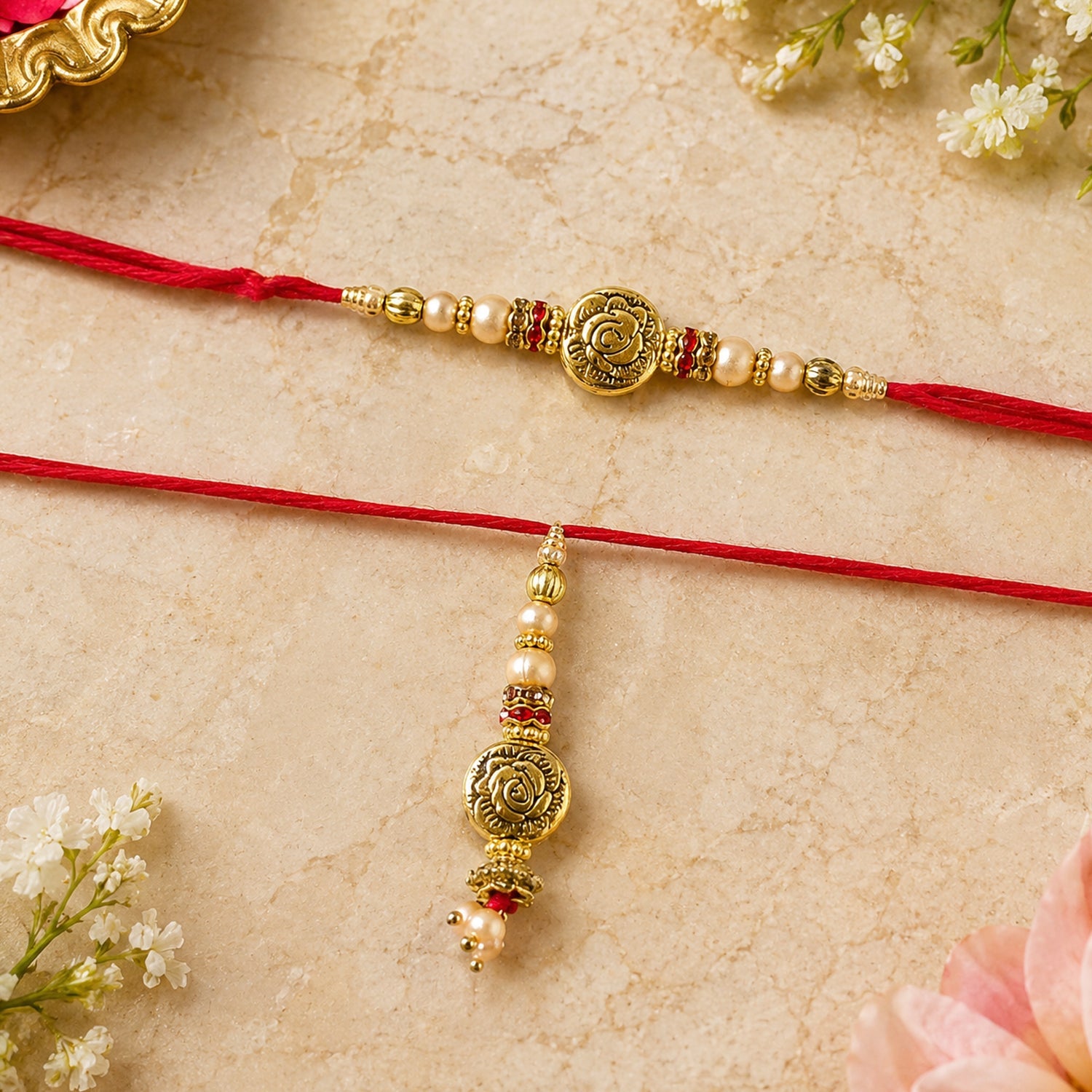 Side view of Antique Round Bhabhi Rakhi with pearl drop