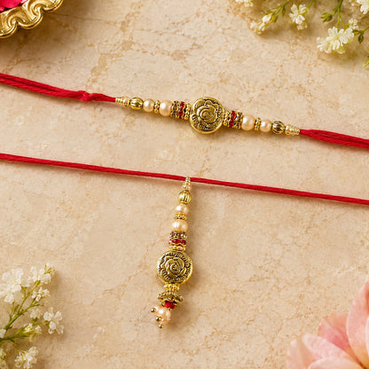Side view of Antique Round Bhabhi Rakhi with pearl drop