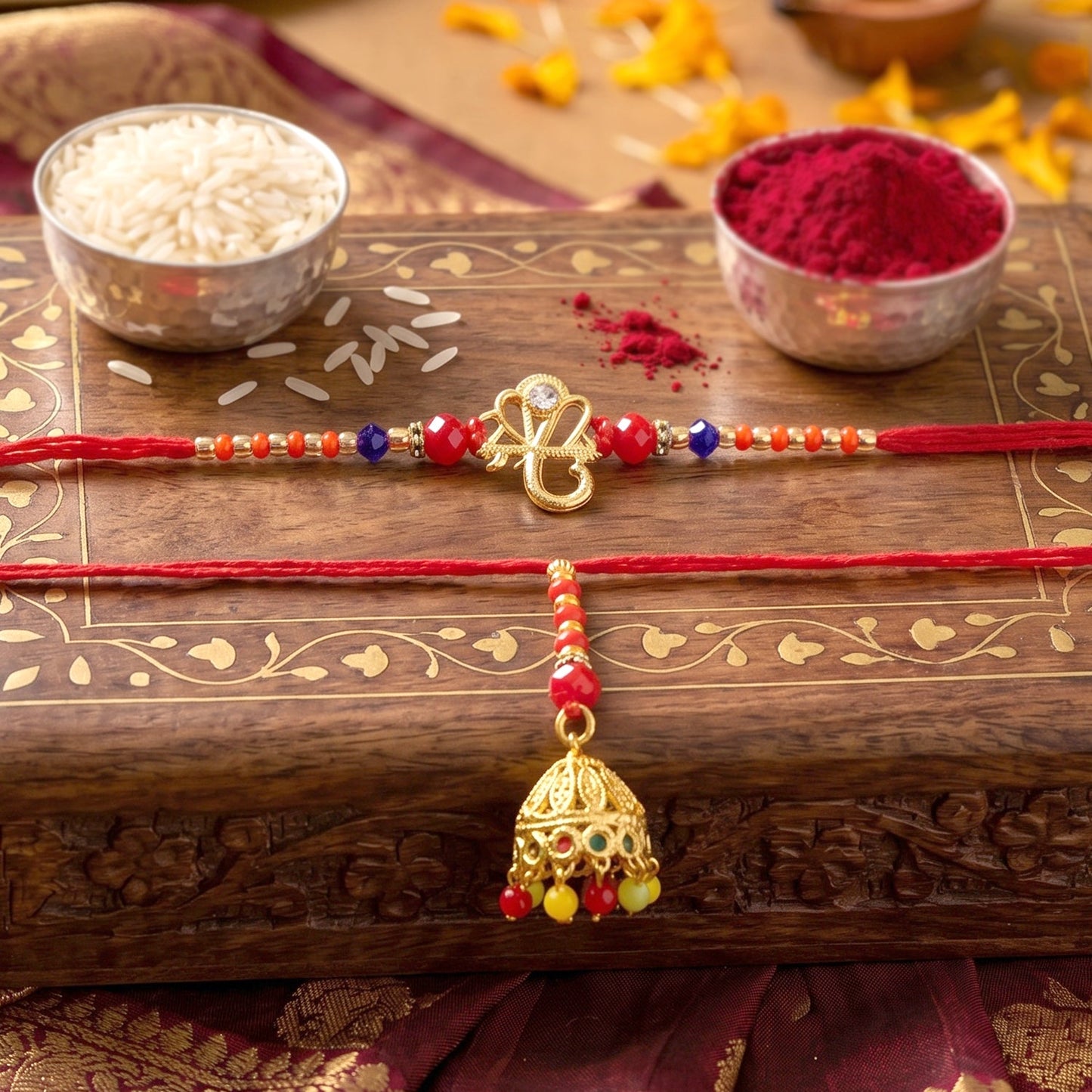 Om Charm Bhabhi Rakhi lying flat with decorative thread