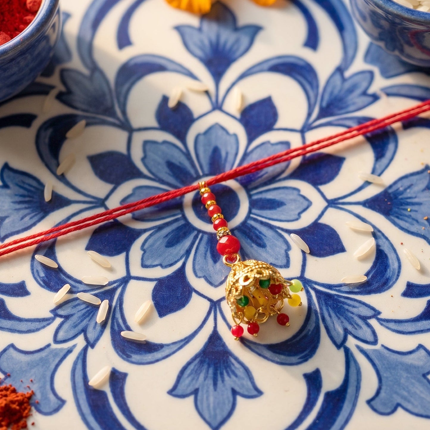 Close-up of Jhumka Latkan on Om Charm Bhabhi Rakhi
