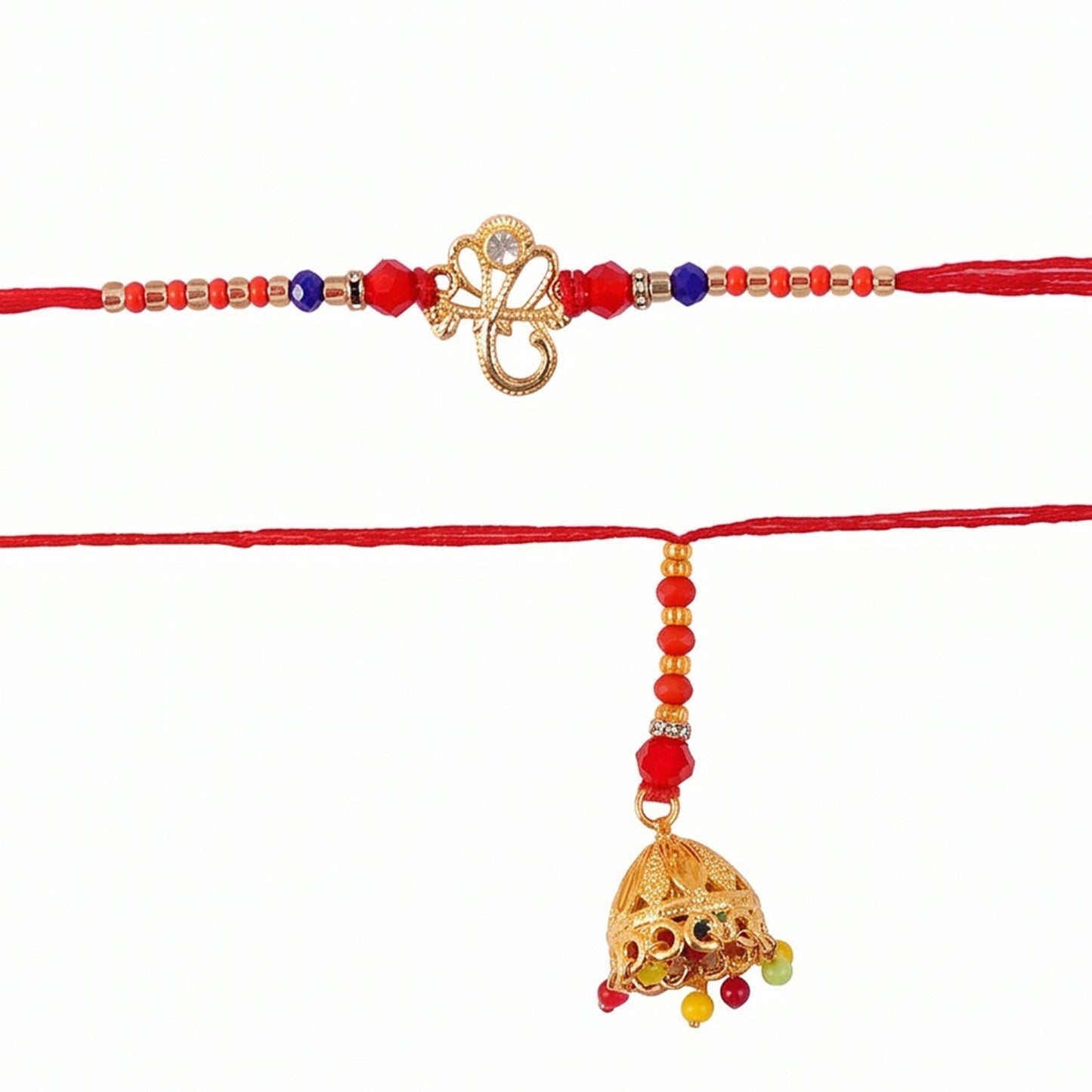 Top view of Om Charm Bhabhi Rakhi highlighting charm and thread