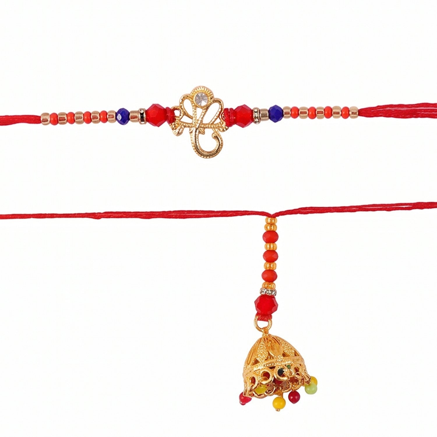 Top view of Om Charm Bhabhi Rakhi highlighting charm and thread