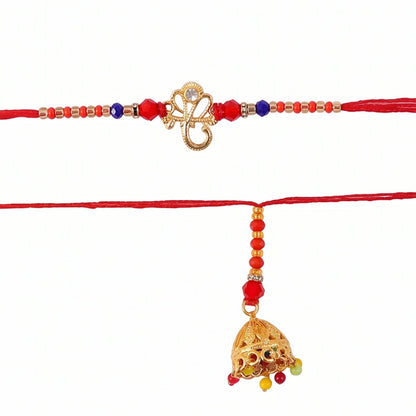 Top view of Om Charm Bhabhi Rakhi highlighting charm and thread