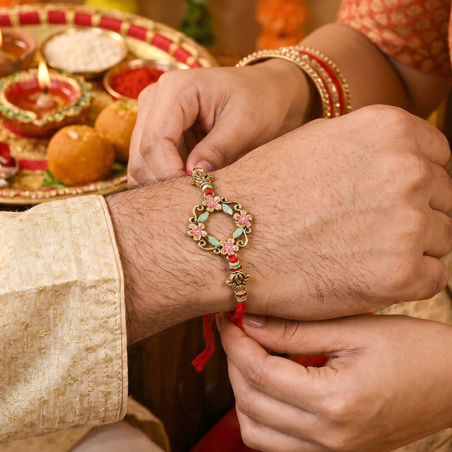 Hand holding Floral Stone Bhabhi Rakhi showing pearl decoration