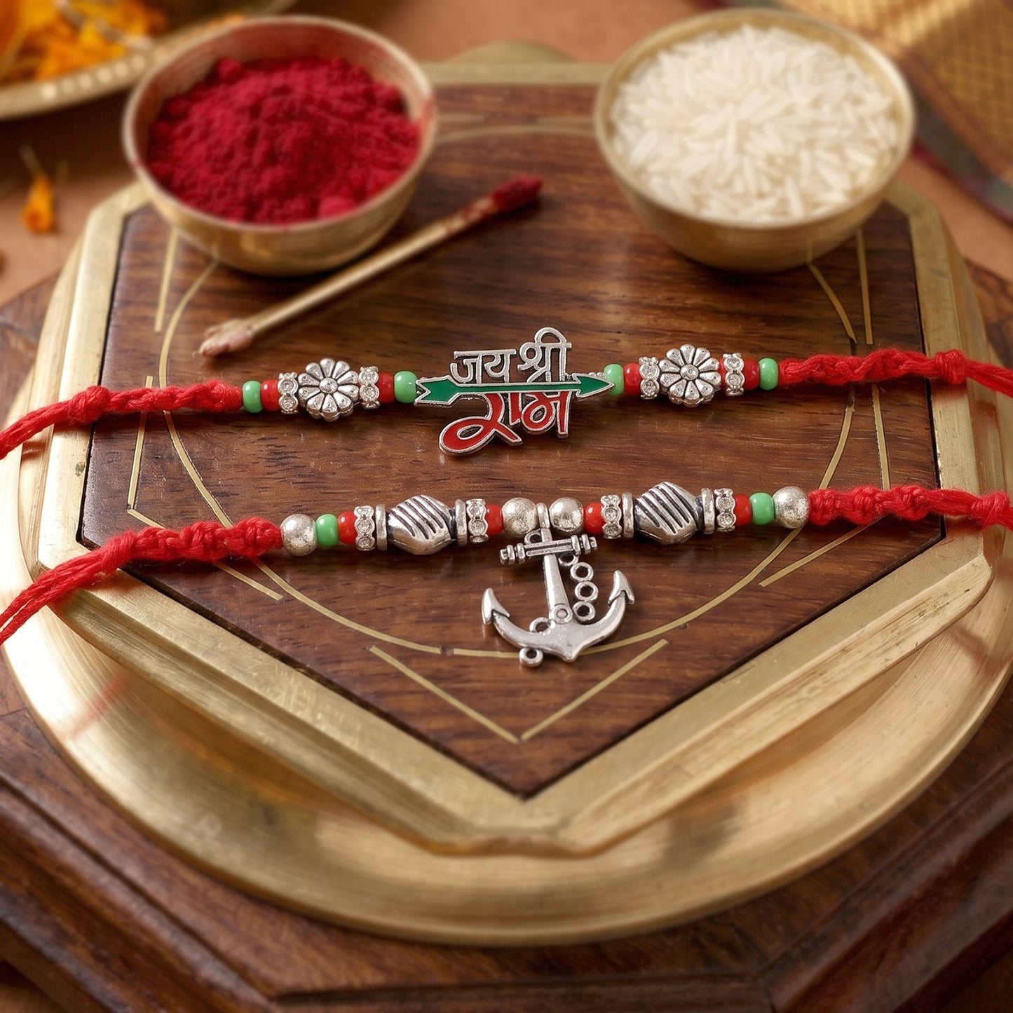 Bhaiya Bhabhi Rakhi Pair with charms in stylish close-up