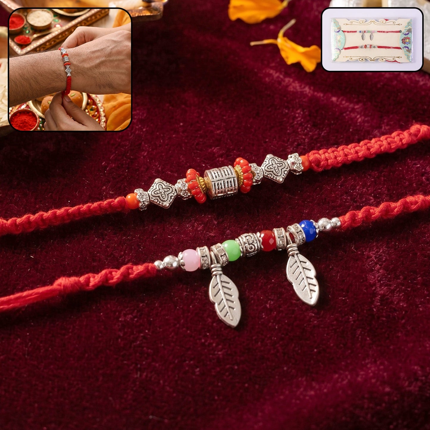 Front view of Leaf Charm Bhabhi Rakhi showing colorful beads