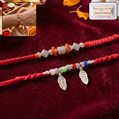 Front view of Leaf Charm Bhabhi Rakhi showing colorful beads
