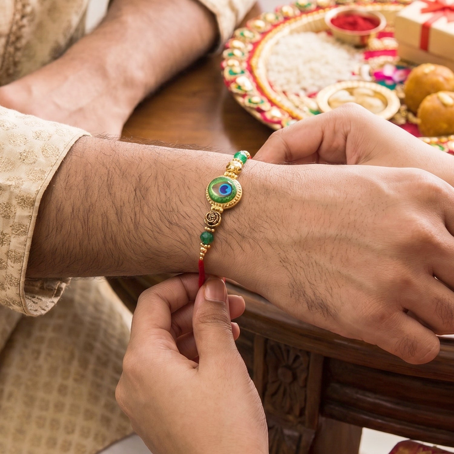 Handcrafted Evil Eye Peacock Bhabhi Rakhi with leaf latkan