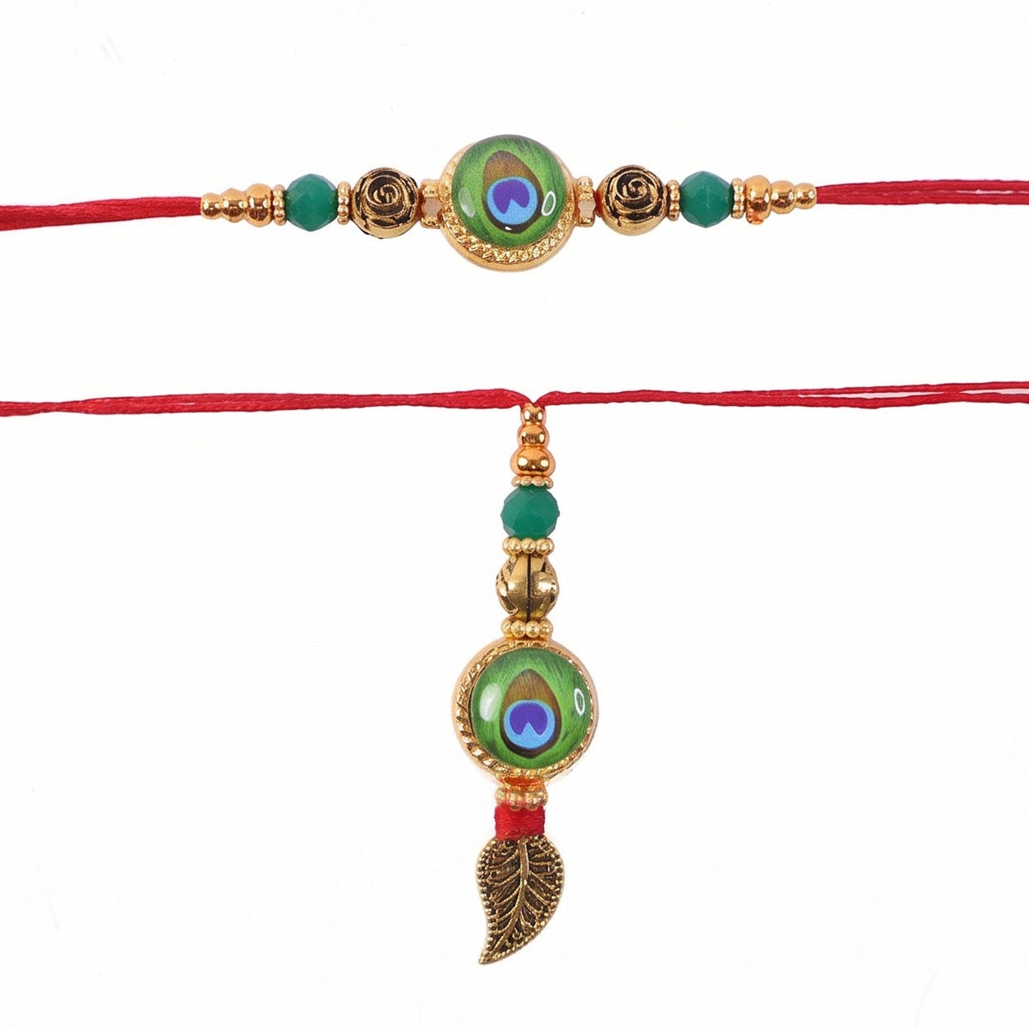Evil Eye Peacock Bhabhi Rakhi with leaf latkan side view