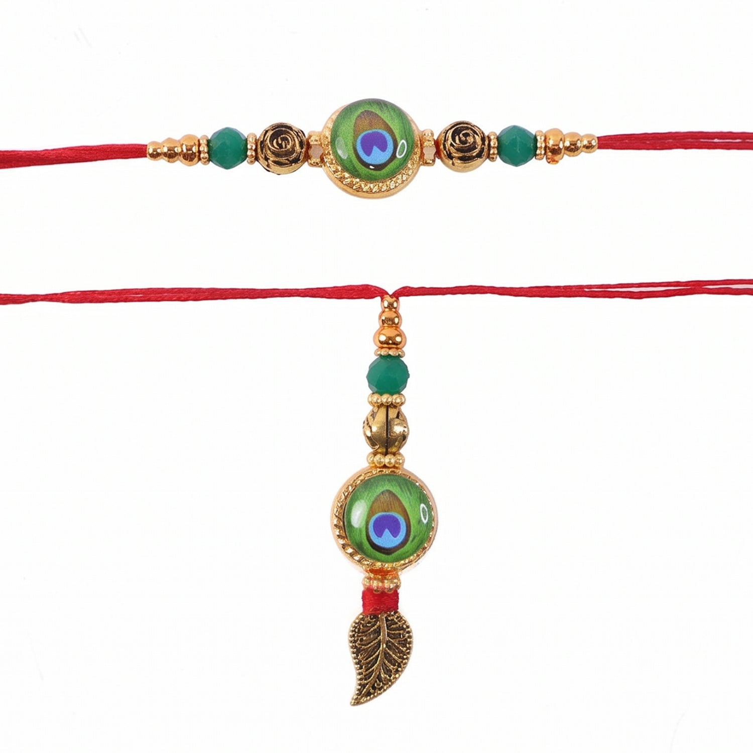 Evil Eye Peacock Bhabhi Rakhi with leaf latkan side view