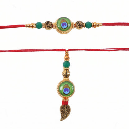 Evil Eye Peacock Bhabhi Rakhi with leaf latkan side view