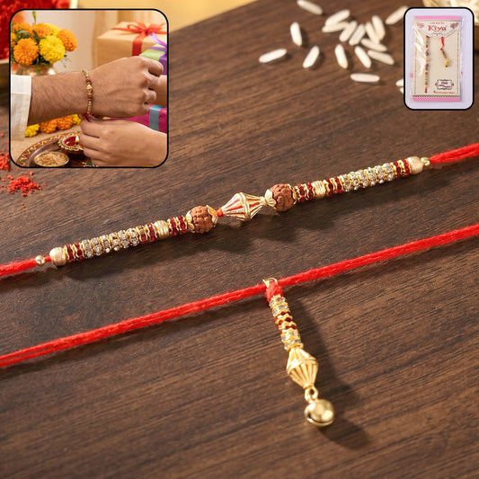Close-up of Sleek Pearl Bead Bhabhi Rakhi with Gold Latkan