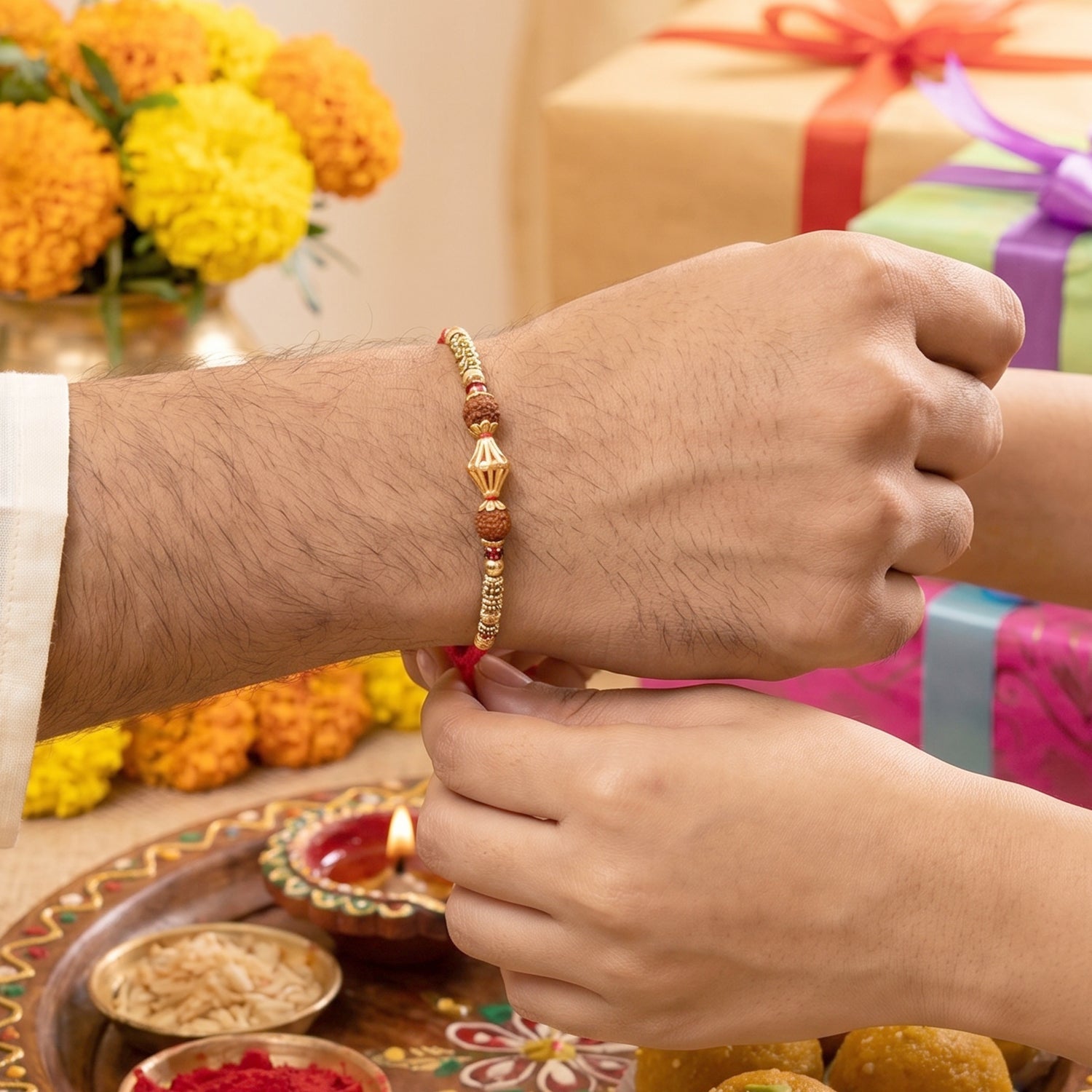 Pearl Bead Bhabhi Rakhi displayed on decorative surface