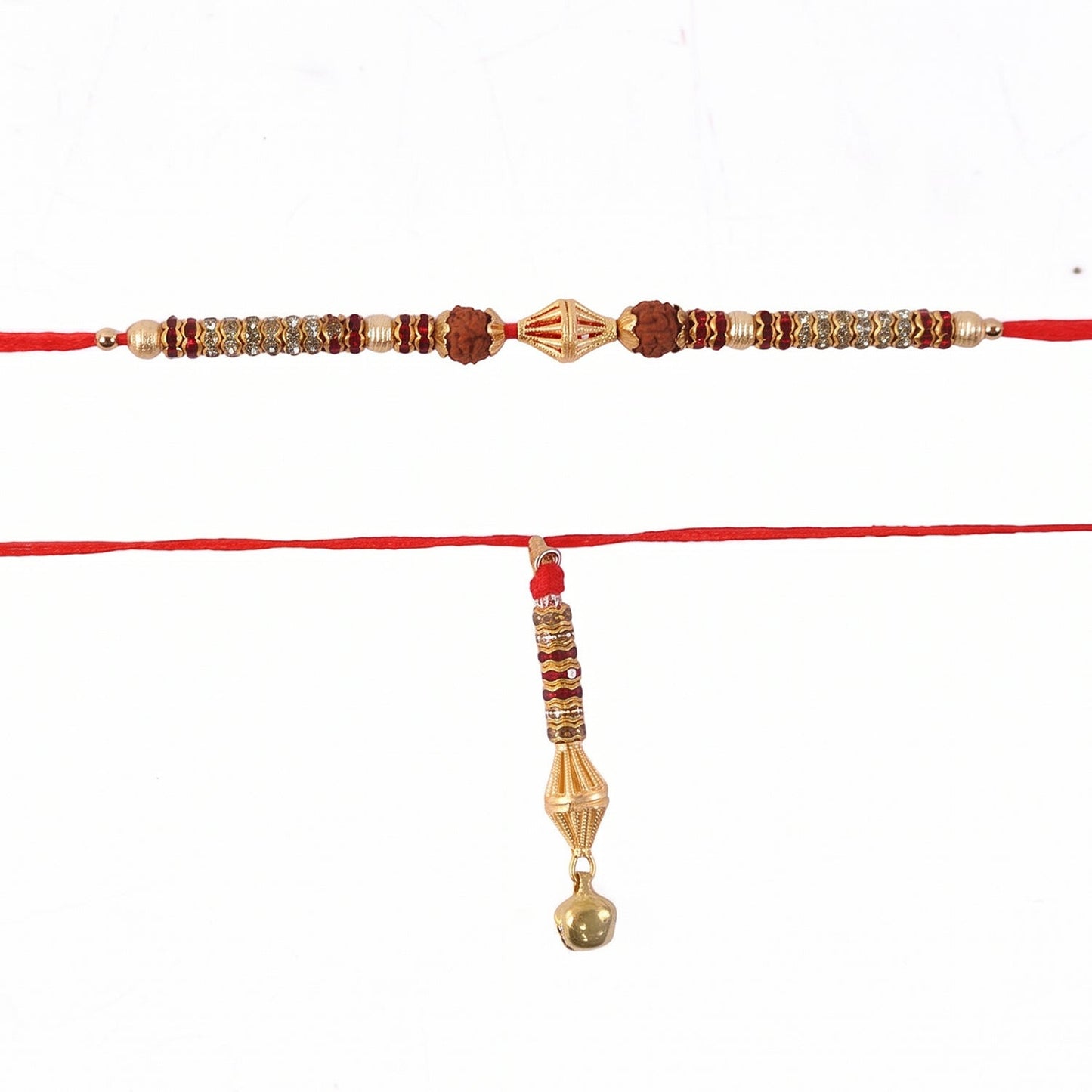 Ornate pearl bead rakhi with shining gold latkan accessory
