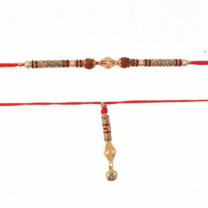 Ornate pearl bead rakhi with shining gold latkan accessory
