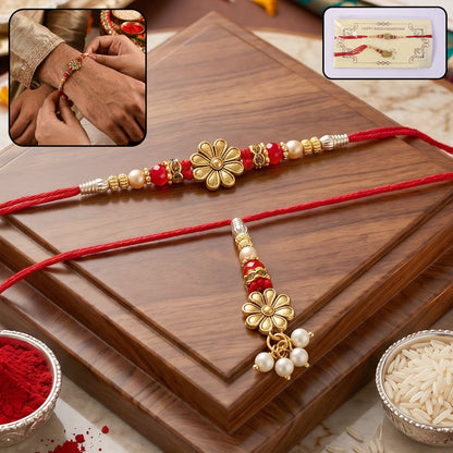 Floral Pearl Bhabhi Rakhi with Elegant Drop close-up view