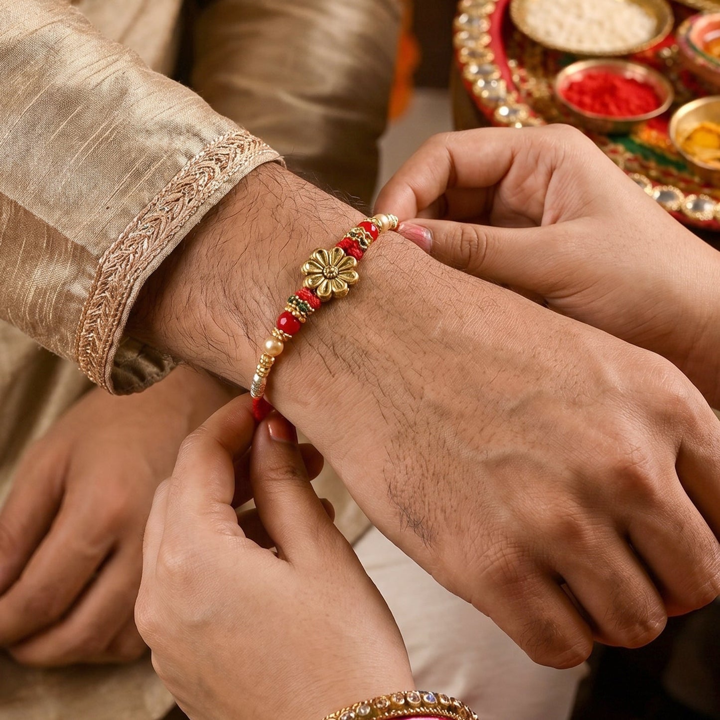 Side angle of Floral Pearl Bhabhi Rakhi showing detailed design