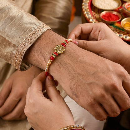 Side angle of Floral Pearl Bhabhi Rakhi showing detailed design