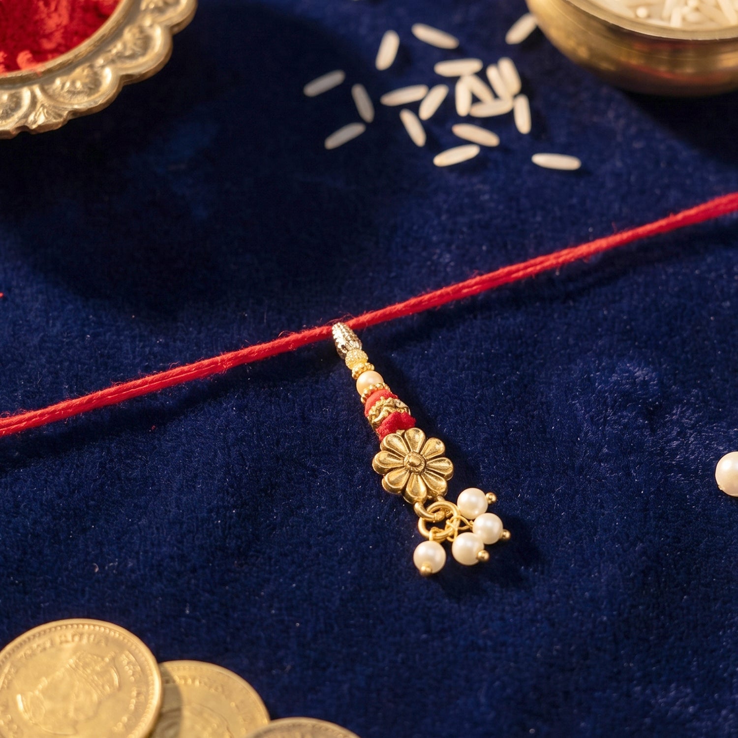 Floral Pearl Bhabhi Rakhi displayed on hand