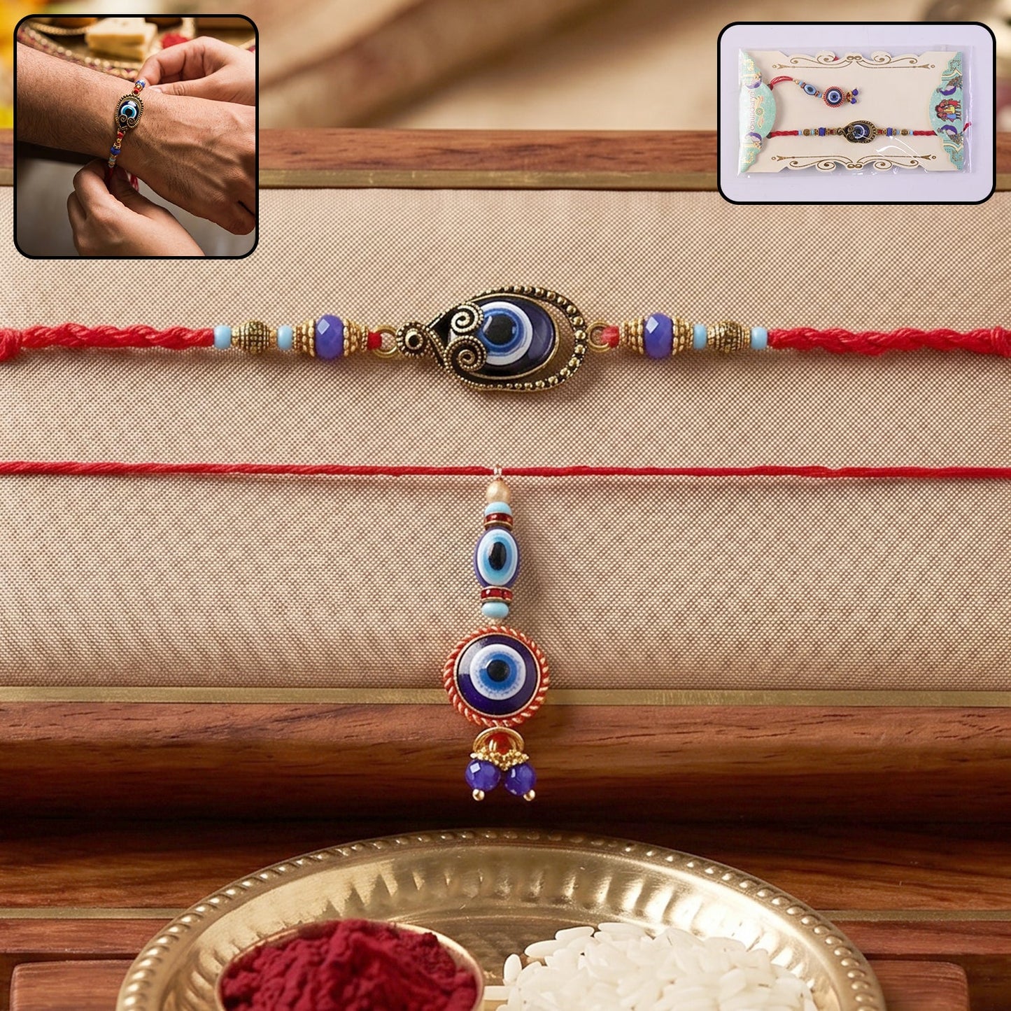 Front view of Evil Eye Bhabhi Rakhi with vibrant blue bead