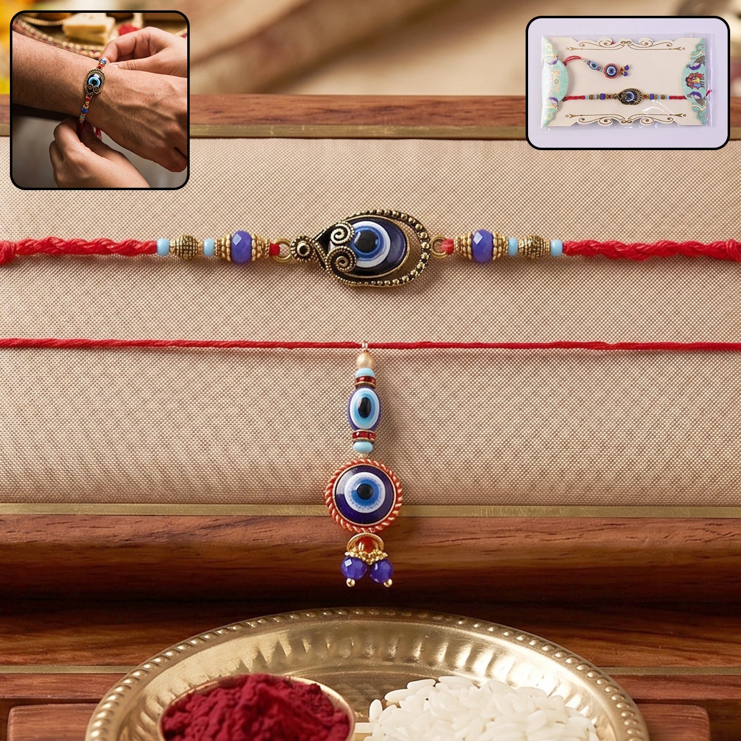 Front view of Evil Eye Bhabhi Rakhi with vibrant blue bead