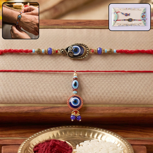 Front view of Evil Eye Bhabhi Rakhi with vibrant blue bead